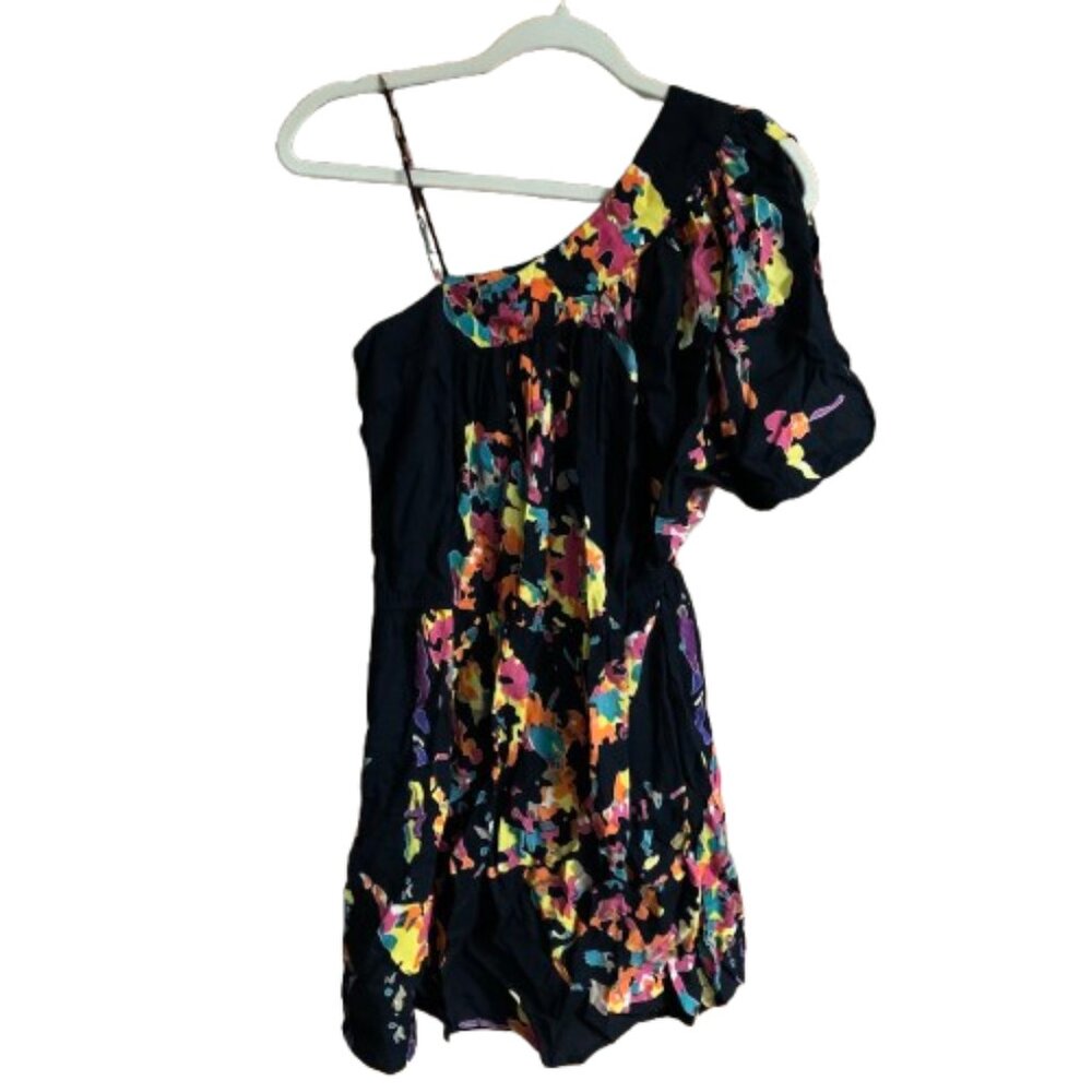 NWT Angie Black Multicolor Spaghetti Strap Short Sleeve One Shoulder Small Dress